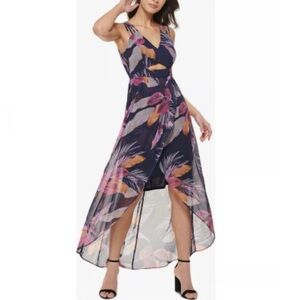 Guess High Low Dress in Navy and Pink Tropical Floral